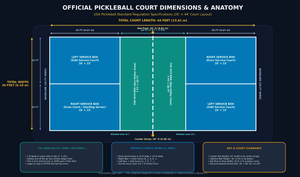 Official pickleball court dimensions diagram showing 20x44 ft playing area, 7 ft non-volley zone kitchen, and net heights.