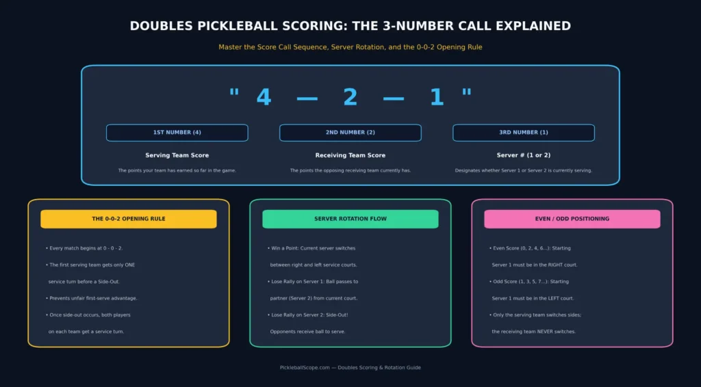 Doubles pickleball score call diagram explaining the 3-number sequence 4-2-1, server rotation, and the 0-0-2 opening rule.