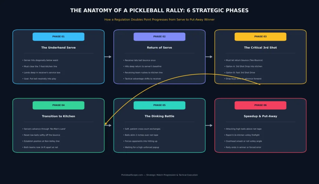 The 6 strategic phases of a pickleball rally flowchart from underhand serve and 3rd shot drop to kitchen dinking and put-away winner.