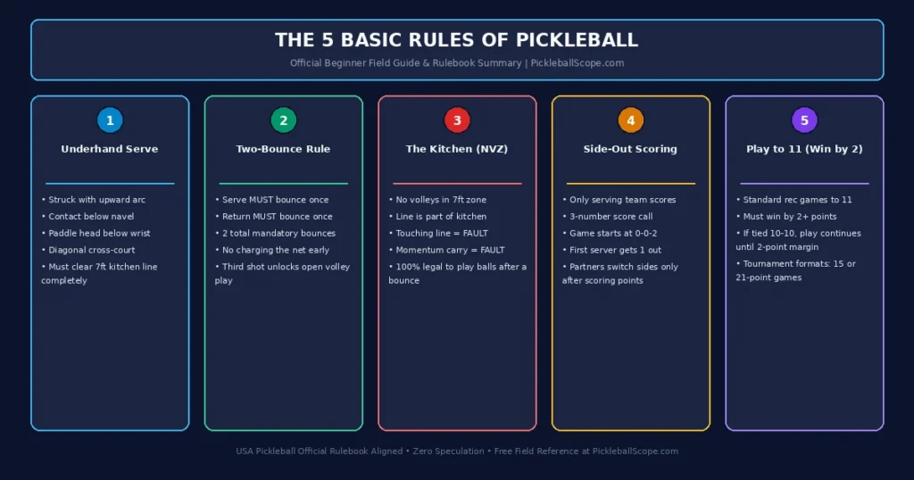 The 5 basic rules of pickleball beginner cheat sheet infographic