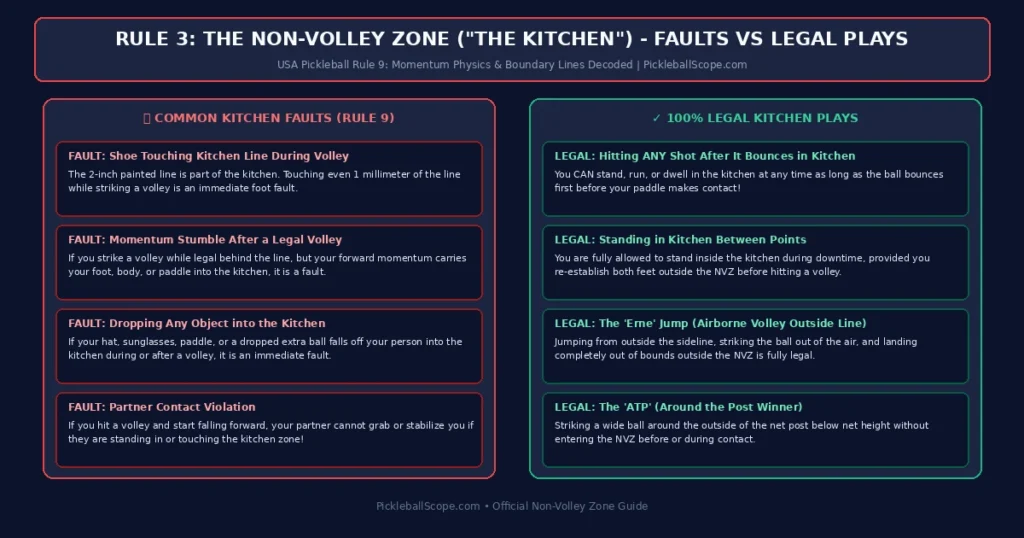 Pickleball kitchen rules legal plays vs momentum foot faults comparison diagram