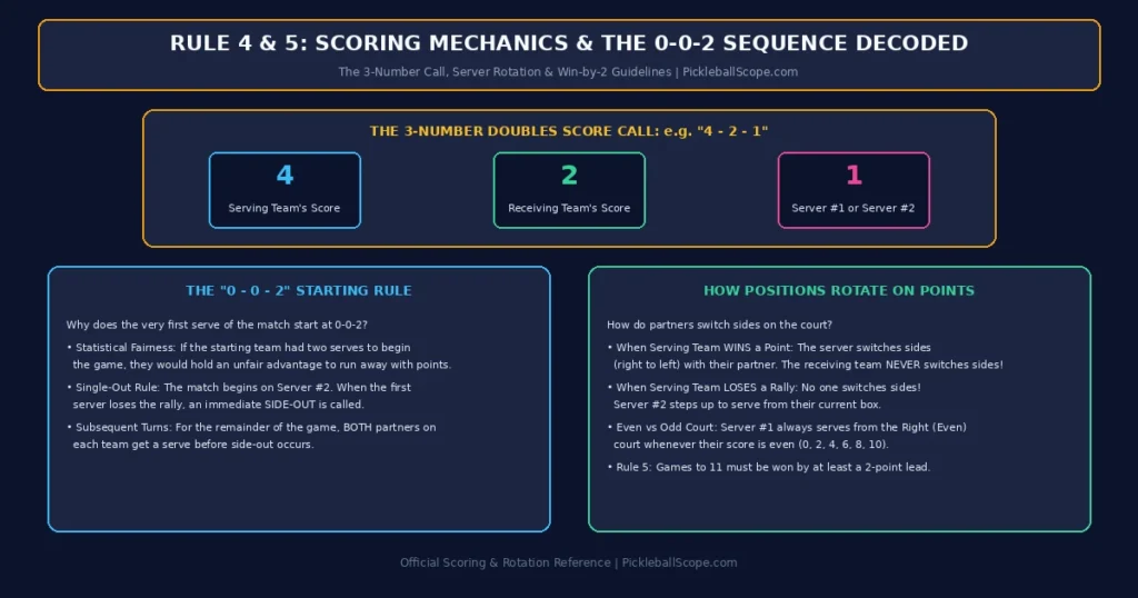 Pickleball doubles 3-number score call and 0-0-2 starting rule diagram