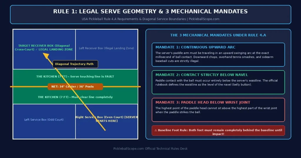 Pickleball legal underhand serve trajectory and 3 mechanical mandates diagram