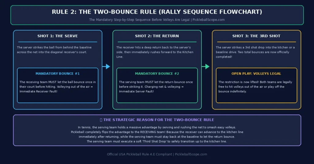 The pickleball two-bounce rule rally sequence flowchart